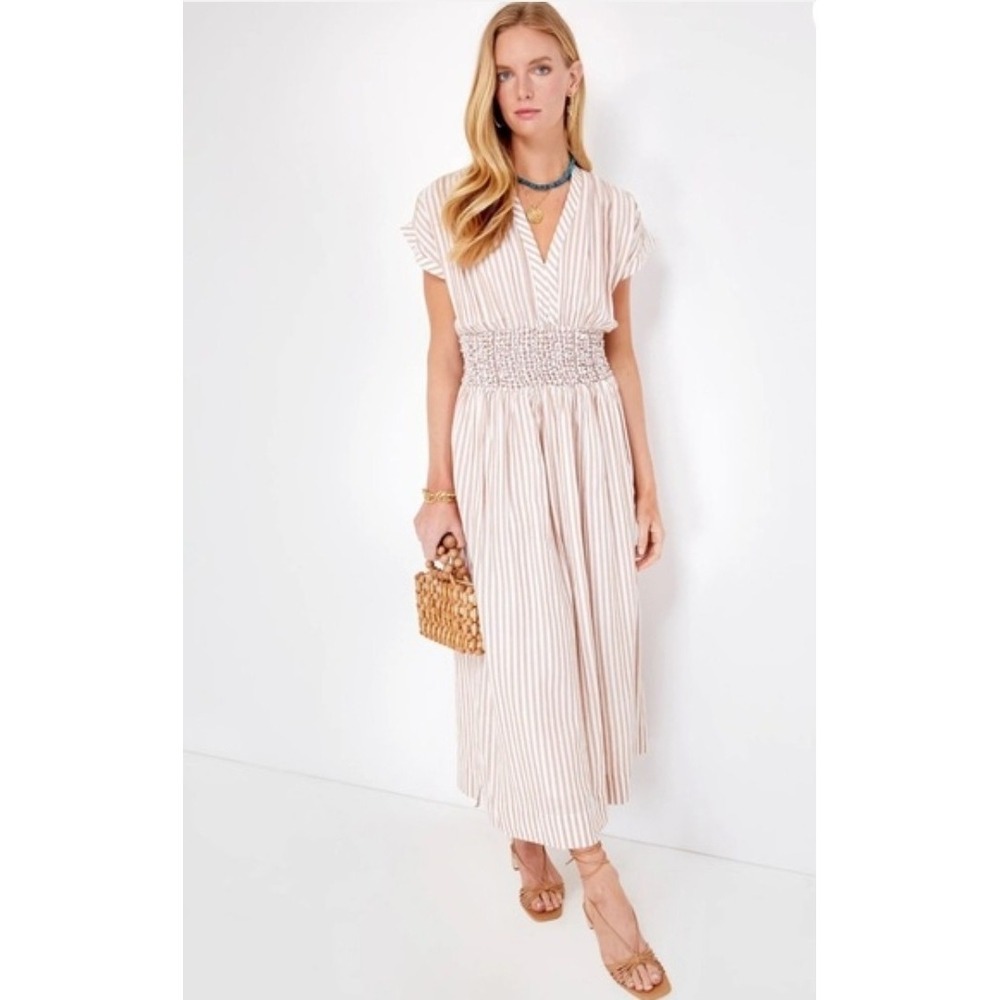 Mirth Grenada Dress XS Bronze White Stripe Smocked Waist Cotton Midi Caftan Boho